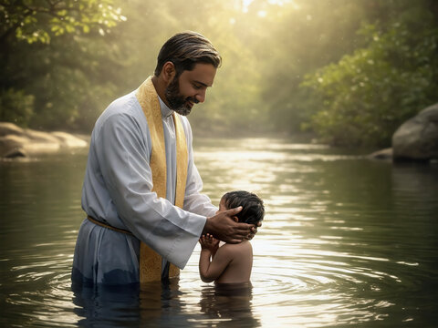 Cleric gently baptizes child in river surrounded by soft natural light