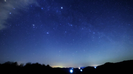 Fototapeta premium Constellation, zodiacal light and Milky Way stars on a dark countryside skies.