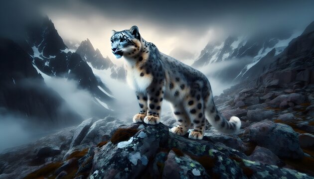 Snow leopard standing on rocky mountain peak with misty background and rugged terrain