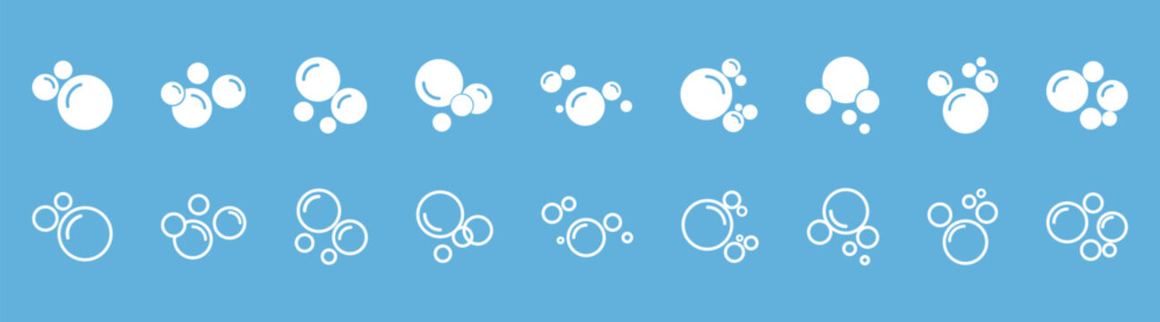 Soap bubbles and foam outline icons, thin line hygiene cleaning water detergent symbols, simple round vector set for bath shower washing 