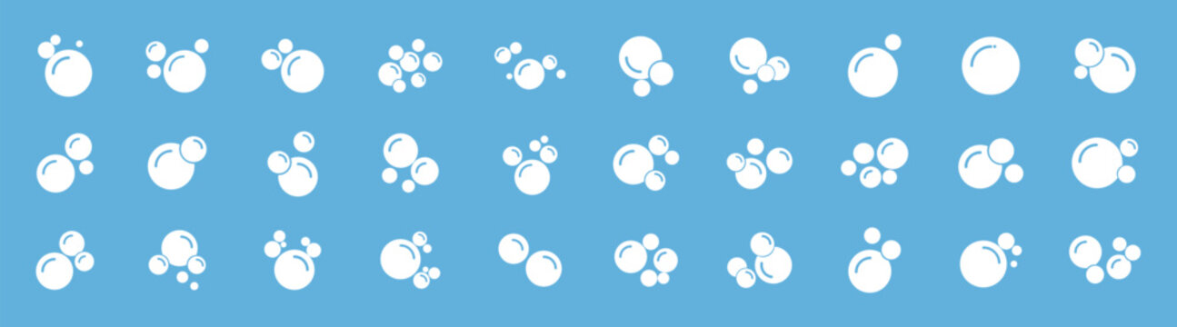 Soap bubbles and foam glyph icons, black solid hygiene cleaning water detergent symbols, simple round vector set for bath shower washing