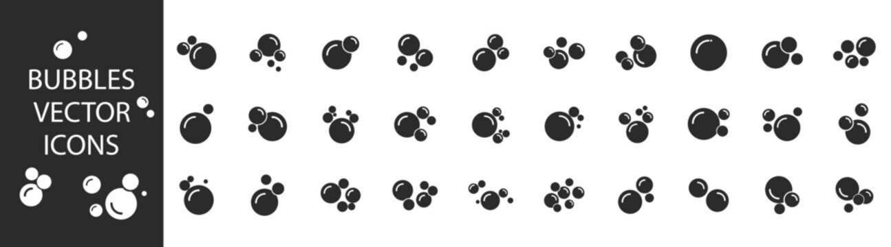 Soap foam bubbles black glyph icon set, solid silhouette cleaning hygiene water detergent symbols, simple flat round vector collection isolated on transparent background