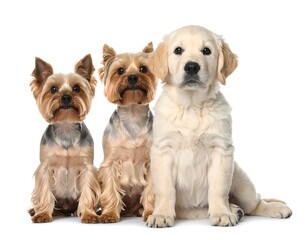 Fototapeta premium Three well-groomed dogs posing on a plain white background
