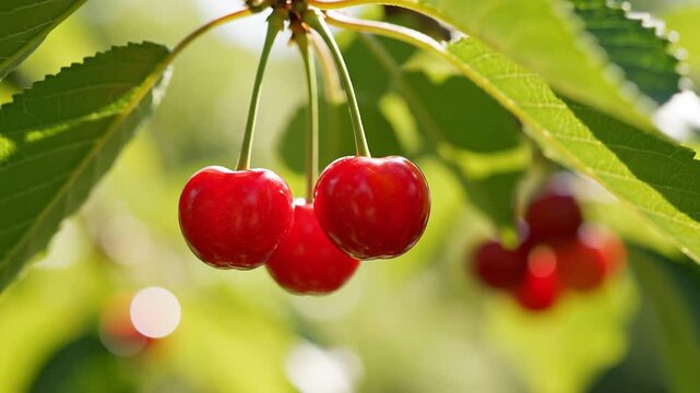Three Ripe Red Cherries Hanging on a Branch fruit