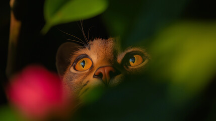 Fototapeta premium Cat with Orange Eyes Peeking Through Green Leaves and Red Flower