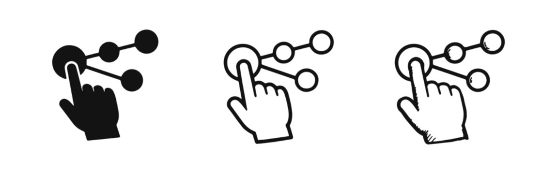 Hand clicking on network nodes icon set. Sharing, connection, or social network concept.