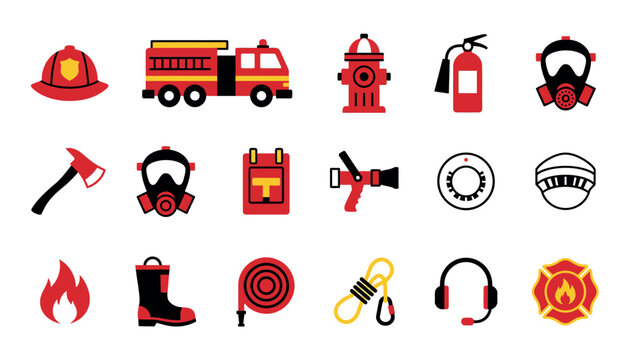 Firefighting tools and equipment icons.