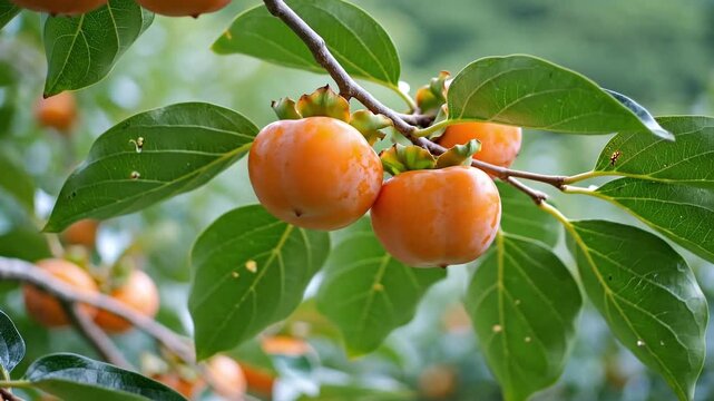 Two Orange Persimmons Hanging on a Branch with Green Leaves