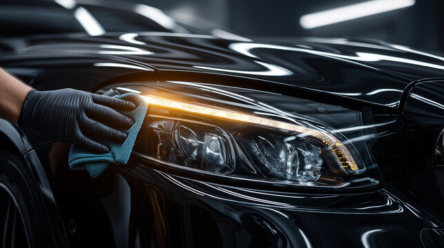 Close up of a professional car detailer cleaning and polishing a black vehicle, showcasing glossy finish, precision work, and automotive care service