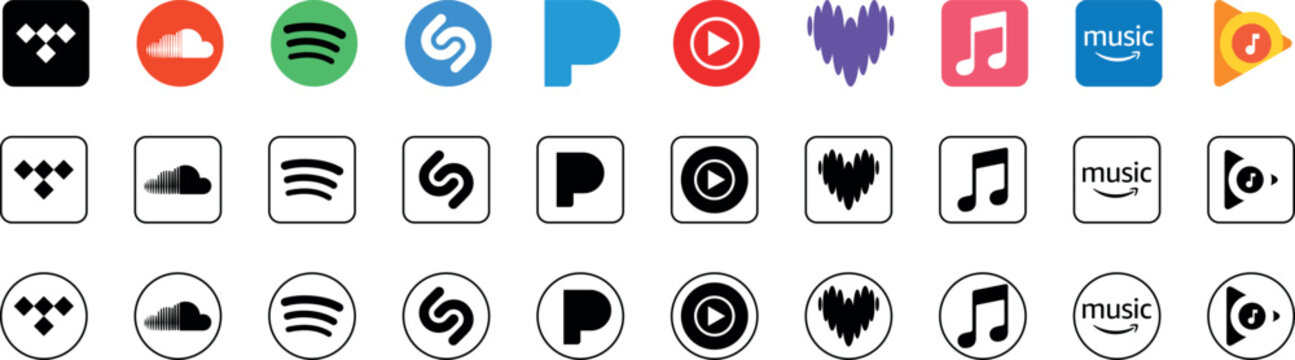 Popular music streaming apps logo icon set 2025. Spotify, Apple music, Deezer, Tidal, Soundcloud, YouTube music, Shazam, Pandora, Amazon music, Pandora, Audio Mac. vector logos.