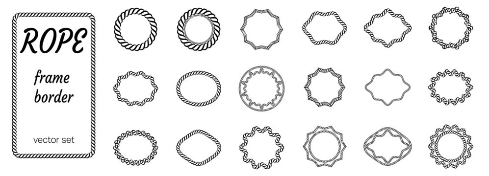 Western boarder knit ribbon with rope and rectangle knot set framed. Oval stroke border and circle for white sea. Isolated illustration horizontal string pirate cord vector lasso.