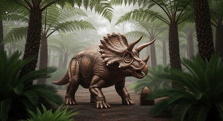 Fototapeta premium Triceratops dinosaur in prehistoric forest habitat.