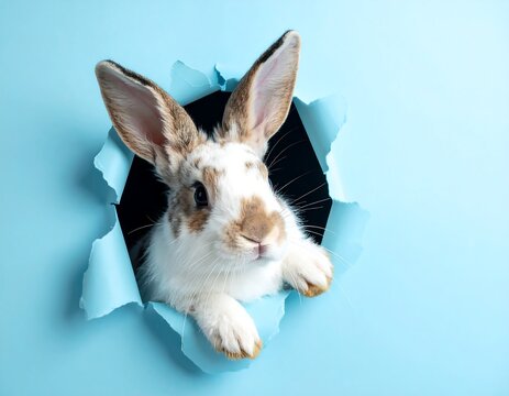 A fluffy, spotted bunny peeps out from a torn, light blue paper background, creating a playful, eye-catching image