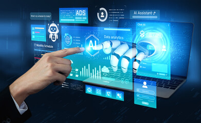 Obraz premium AI assistant unifies analytics, scheduling and marketing automation in one workspace. AI reads calendars, AI tracks campaign results, and AI supports faster decisions and productivity data. Corpus