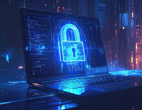 Glowing padlock protects a laptop with a code rain screen