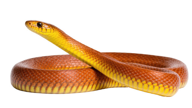 Vibrant yellow and reddish-brown corn snake with detailed scales coiled in a striking pose