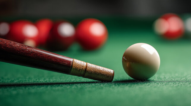 Close-up sports photography of a snooker cue striking a ball on green felt, capturing precision, motion, and impact in a dramatic high detail moment.