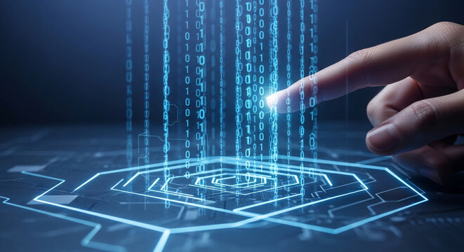 Finger touching binary code streams in blue light, representing digital interface, data processing, interaction, future technology and connection