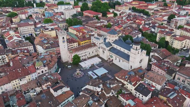 Aerial drone view of Trento Cathedral (Duomo di San Vigilio) in Piazza del Duomo, Trento, Italy.
