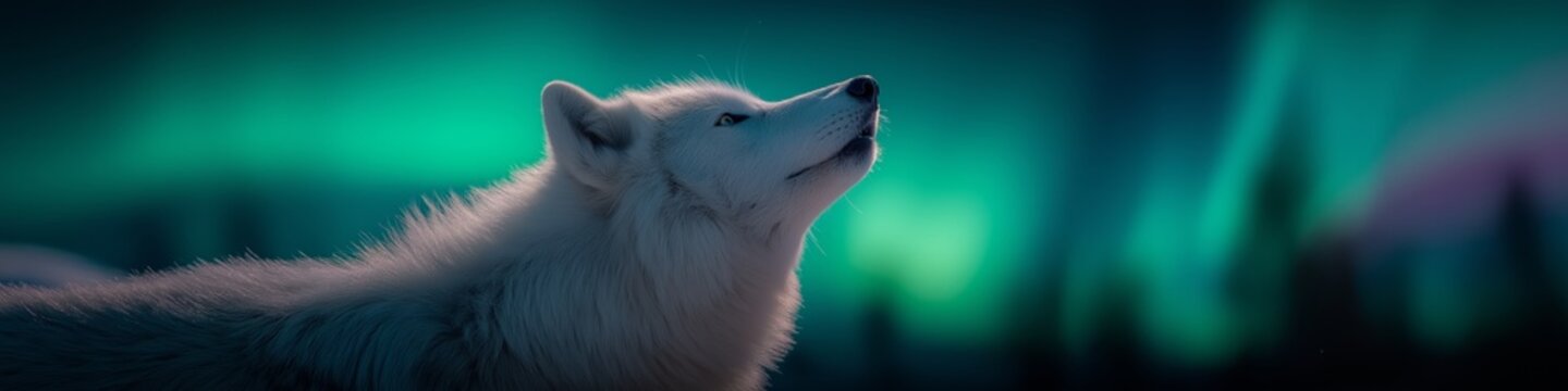Arctic wolf howling under vibrant aurora borealis. White arctic wolf howling, breath visible against the dramatic green northern lights