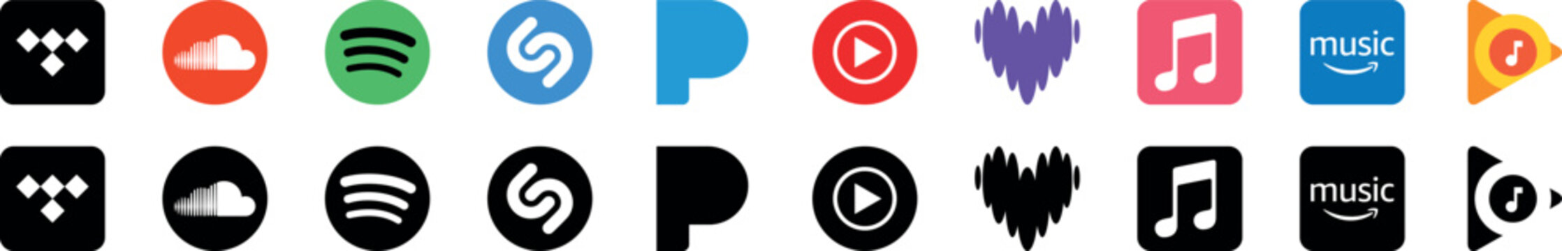 Top stream music service company logo set. Amazon music, tunein, tidal, apple music, deezer, youtube music, spotify, itunes, shazam. Editorial logo in vector flat c