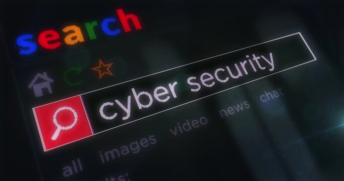 Cyber security text typing on browser screen. Searching internet with monitor pixel display macro view.