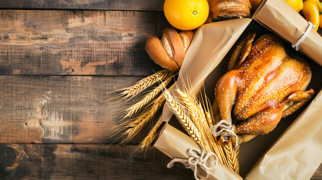 Roasted chicken with sesame seeds, wheat, and bread