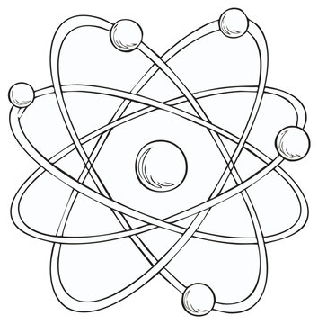 Diagram of an atom with orbiting electrons and a nucleus, representing atomic structure and science