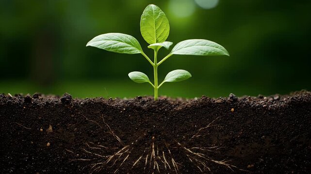 Close-up of a young plant growing from rich soil with visible roots.