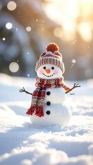 Obraz premium A cheerful snowman dressed in a hat and scarf stands in the snow.