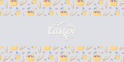 Festive Happy Easter design on light gray background with baskets of eggs, decorated cakes, pussy willow branches, and butterflies, cheerful seasonal holiday motif for cards and wrapping