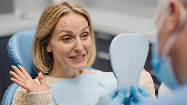 A smiling woman in a dentist's chair looking at her teeth in a mirror held by a gloved dentist