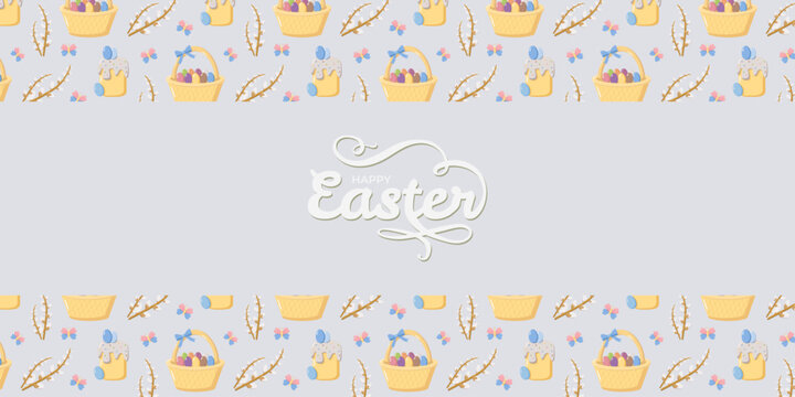 Festive Happy Easter design on light gray background with baskets of eggs, decorated cakes, pussy willow branches, and butterflies, cheerful seasonal holiday motif for cards and wrapping