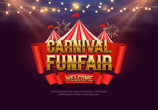 The Carnival and Funfair retro banner with ribbons and tent illuminated by spotlights. Vintage poster for carnival show, funfair festival or amusement entertainment event. Vector illustration.