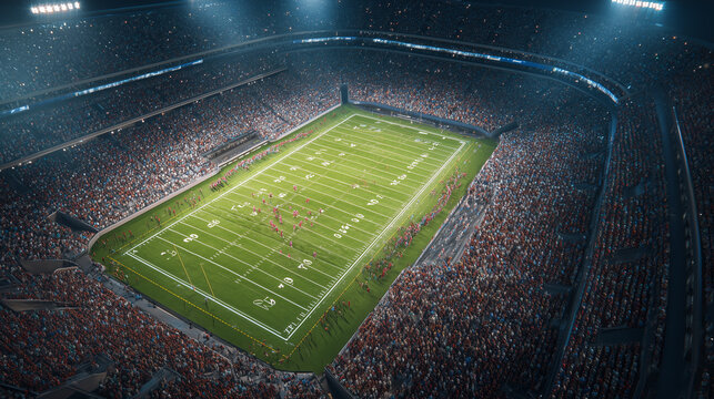 High angle aerial view of a large American football stadium with green field, seating tiers, and symmetrical layout, showcasing sports venue architecture and scale.