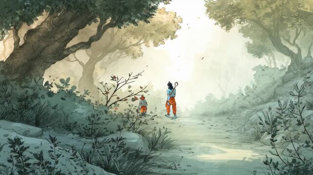 Serene Illustration of Lord Ram and Hanuman Walking Through a Forest Path in Traditional Attire, Inspired by Mythology and Spirituality