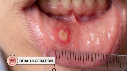 Obraz premium Close-up of Oral Ulceration with Measuring Ruler for Medical Study