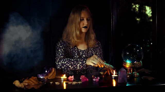 Woman psychic performs smoke cleansing ritual over a crystal ball with candles amethyst and runes in a dark mystical space creating focused esoteric atmosphere