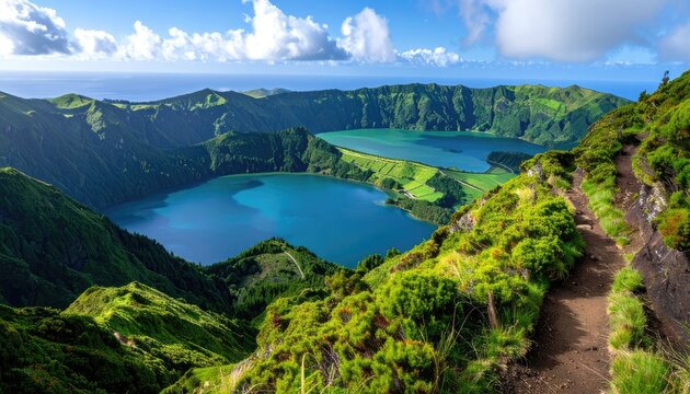 A breathtaking panoramic view of two vibrant blue and turquoise crater lakes nestled within lush green volcanic mountains.