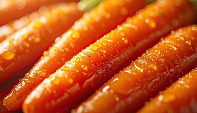 Macro shot of fresh carrots covered in water droplets.