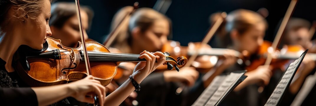 String Symphony A Captivating Orchestra Scene Featuring Violins, Bows, and Musical Notes in Harmony