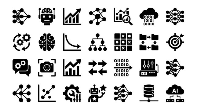 Collection of AI and machine learning icons representing data analysis technology and artificial intelligence concepts