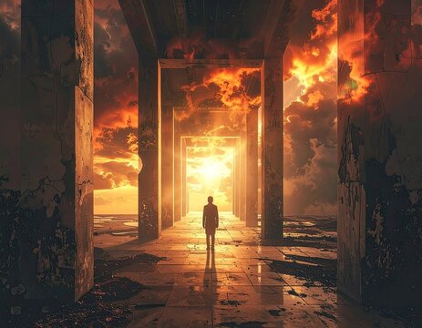 A solitary figure walks down a decaying colonnade towards a brilliant, fiery sunset.