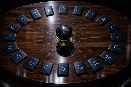 G20 summit diplomatic passports arranged in circle on polished walnut conference table with cracked surface and central brass globe symbolizing global crisis international diplomacy security