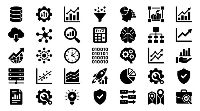Collection of modern flat icons representing data analysis business strategy technology and digital information with charts graphs and gears