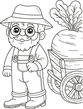 Coloring page outline of the cartoon old man in a hat with vegetables. Colorful vector illustration, summers coloring book for kids.