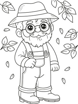 Coloring page outline of the cartoon old man in a hat. Colorful vector illustration, summers coloring book for kids.