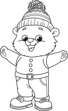 Coloring page outline of the cartoon smiling cute bear. Colorful vector illustration, summer coloring book for kids.