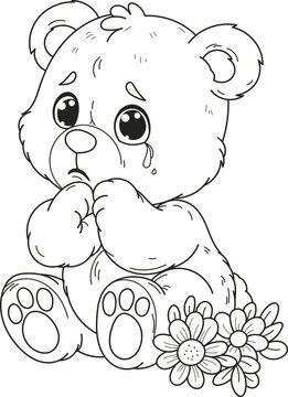 Coloring page outline of the cartoon smiling cute crying bear. Colorful vector illustration, summer coloring book for kids.