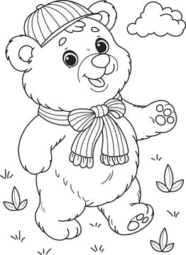Coloring page outline of the cartoon smiling cute bear. Colorful vector illustration, summer coloring book for kids.